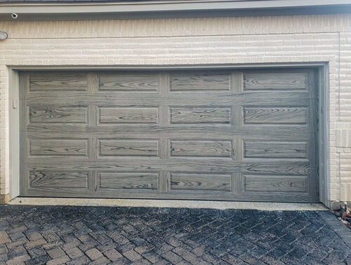 grey wood design garage door