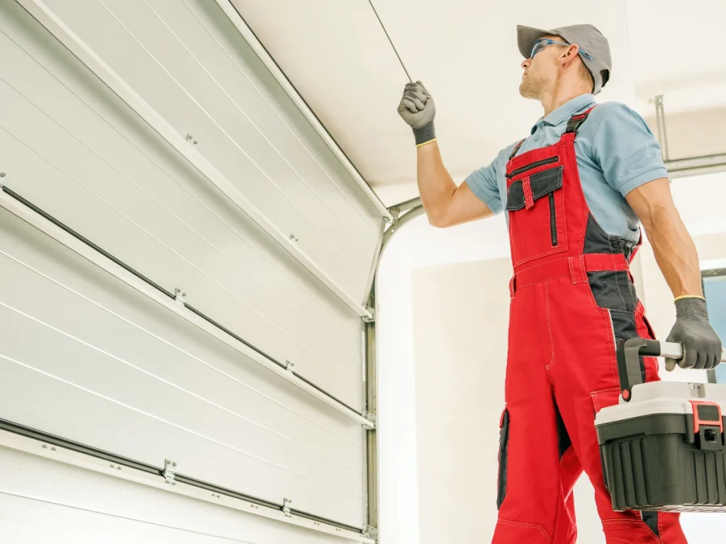 a technician inspecting the garage door rollers